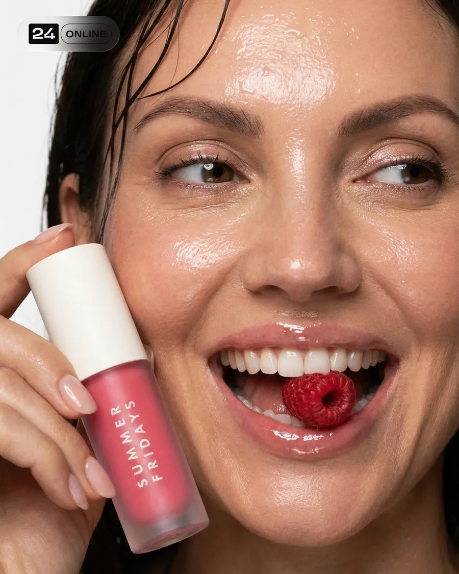Hyper-real beauty lip gloss campaign with dewy skin, raspberries, and bright… — AI-generated example 5 of 5