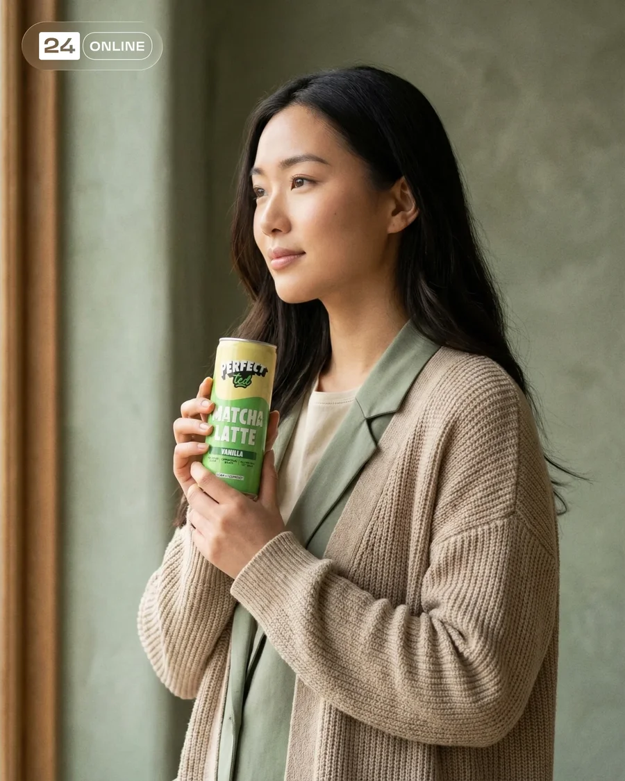 Premium matcha bottle photography with serene wellness styling and moody… — AI-generated example 4 of 5