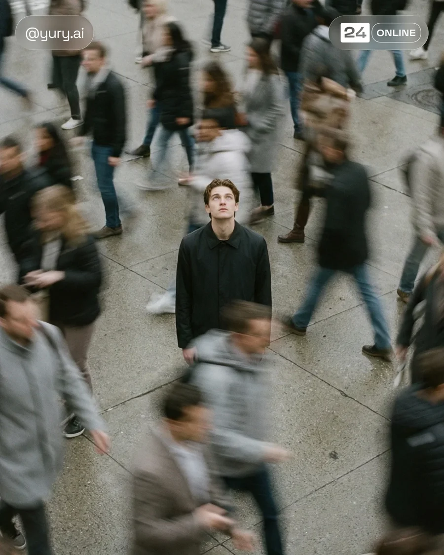 Cinematic editorial fashion portrait with still model amid blurred commuter… — AI-generated example 2 of 3