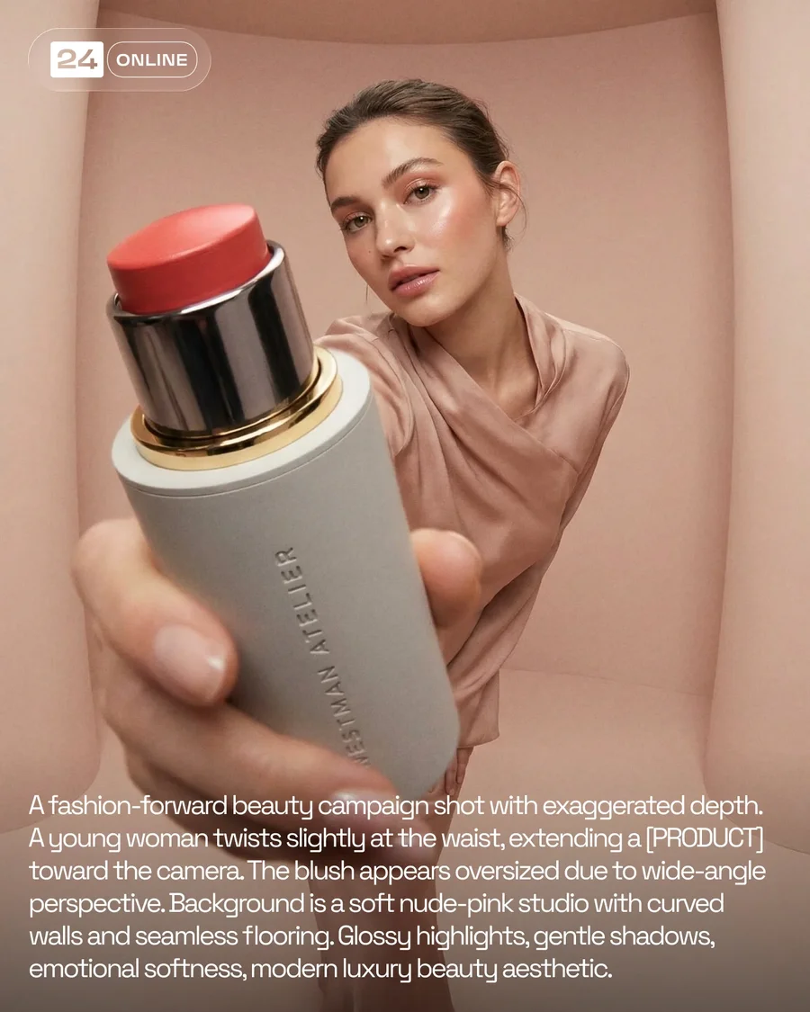 Luxury pink studio beauty editorial featuring blush and stick makeup products. — AI-generated example 2 of 5