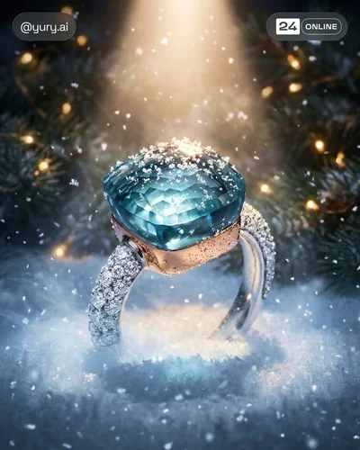 Luxury festive jewelry macro with snow, satin ribbon, and elegant Christmas editorial styling