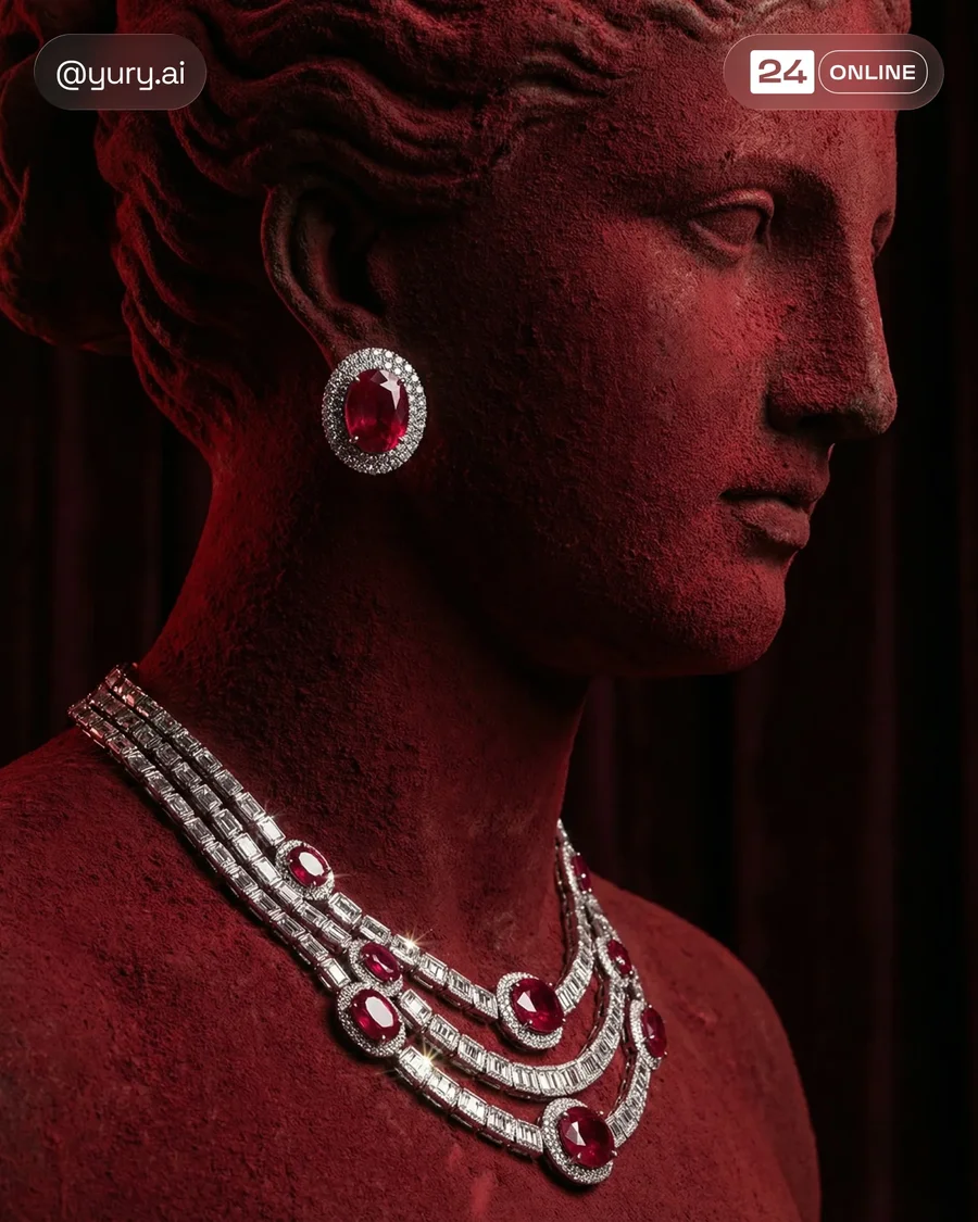 Dramatic macro luxury jewelry on crimson sculptural female profiles with… — AI-generated example 3 of 3