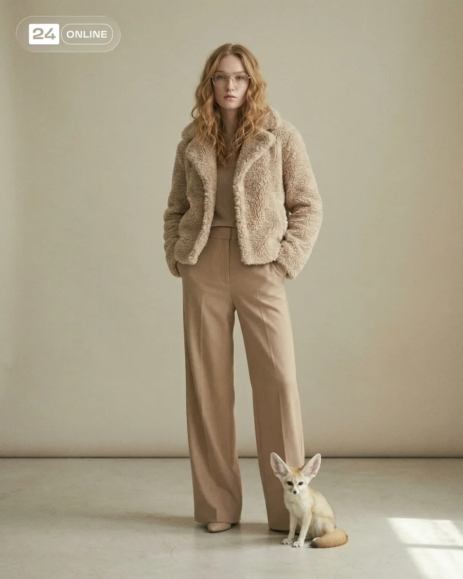 Editorial faux fur jacket photography with soft neutral studio styling and… — AI-generated example 4 of 4
