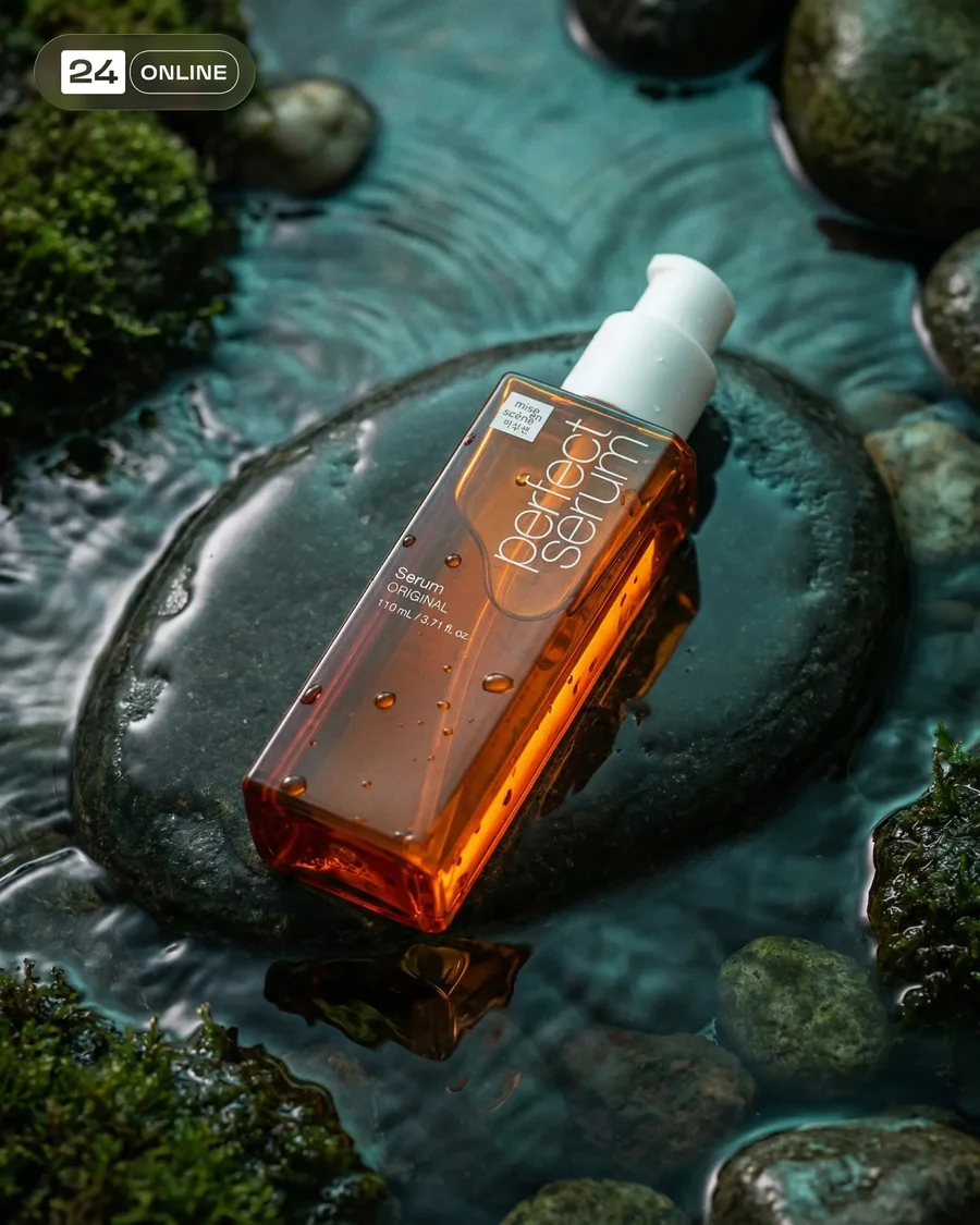Luxury skincare bottle photography in wet natural settings with moody… — AI-generated example 2 of 2