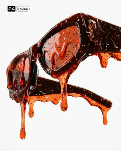 Hyperreal accessory coated in dripping translucent waxy slime on white studio background