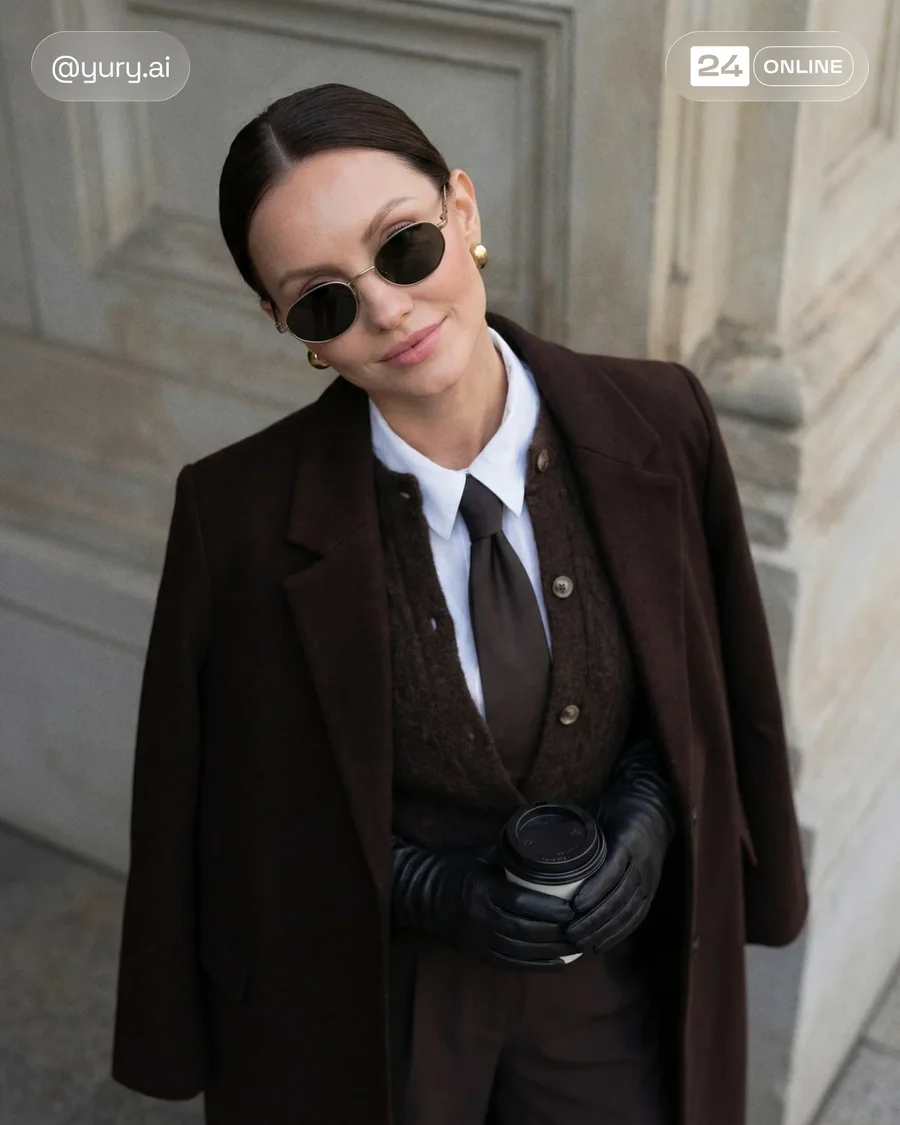 Luxury editorial womenswear portraits featuring tailored brown layers, gloves… — AI-generated example 2 of 4