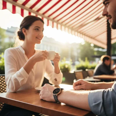Premium lifestyle wristwatch scene at a sunlit outdoor café with warm cinematic bokeh