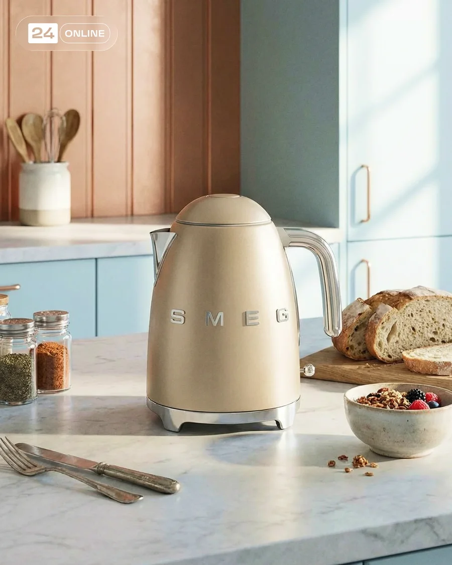 Minimalist luxury kitchen photography featuring a beige electric kettle in… — AI-generated example 2 of 3