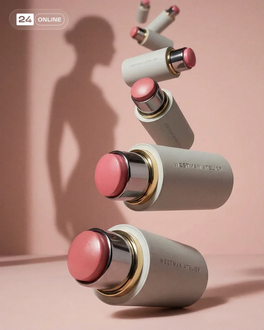 Editorial beauty campaign featuring luxury makeup products in a soft nude-pink… — AI-generated example 5 of 5