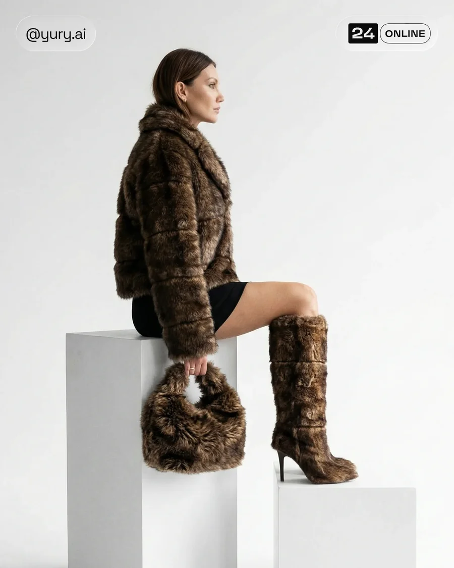 Editorial faux fur handbag and boot styling with silver hardware on clean… — AI-generated example 3 of 4
