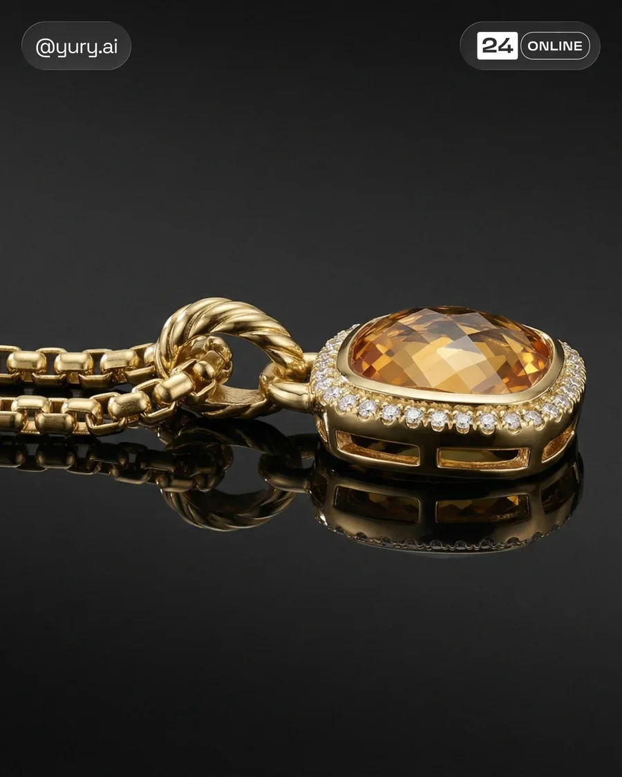 Luxury macro jewelry on black glass with mirrored reflections and gemstone… — AI-generated example 2 of 3