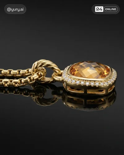 Luxury macro jewelry on black glass with mirrored reflections and gemstone highlights