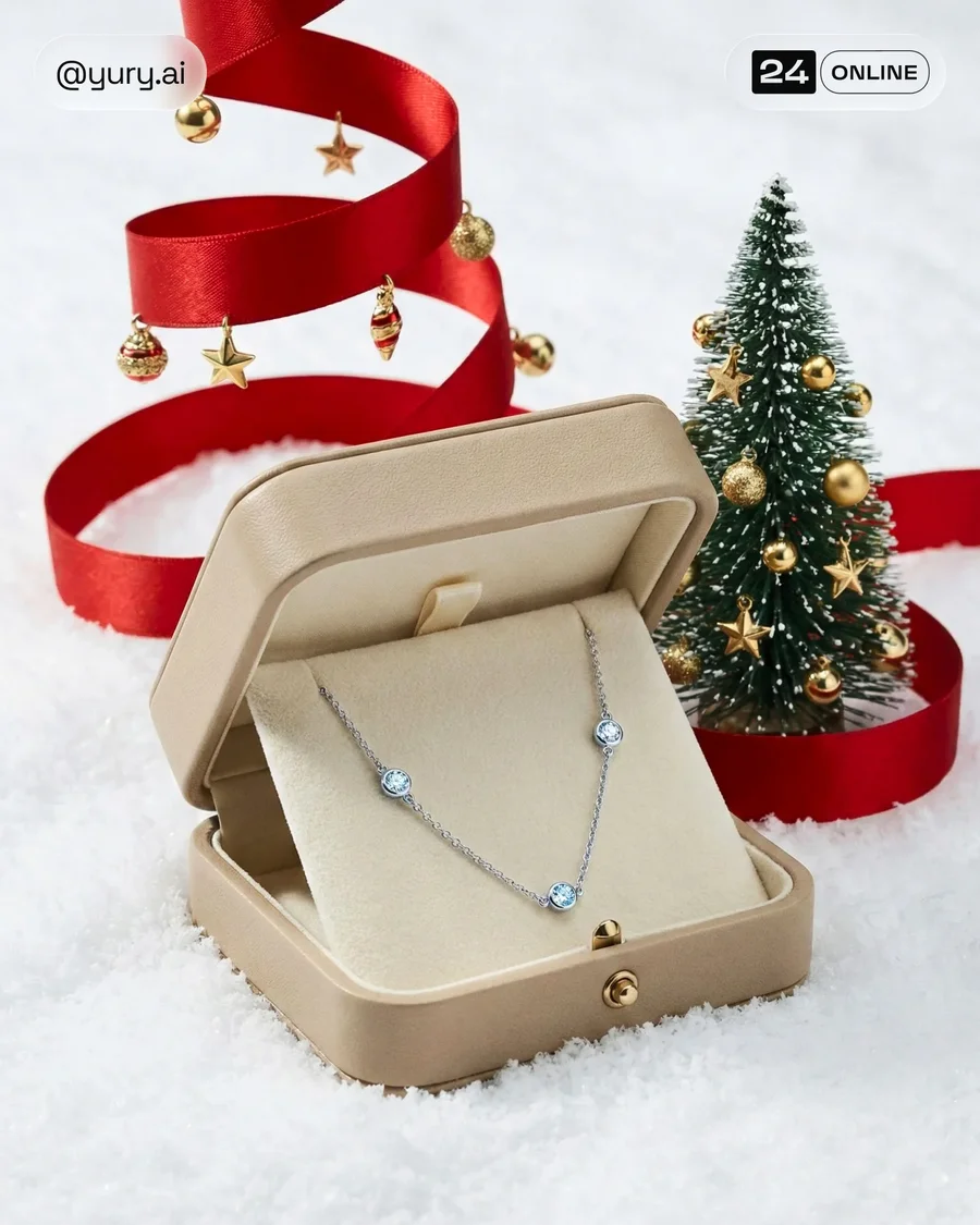 Luxury festive jewelry macro with snow, satin ribbon, and elegant Christmas… — AI-generated example 2 of 2