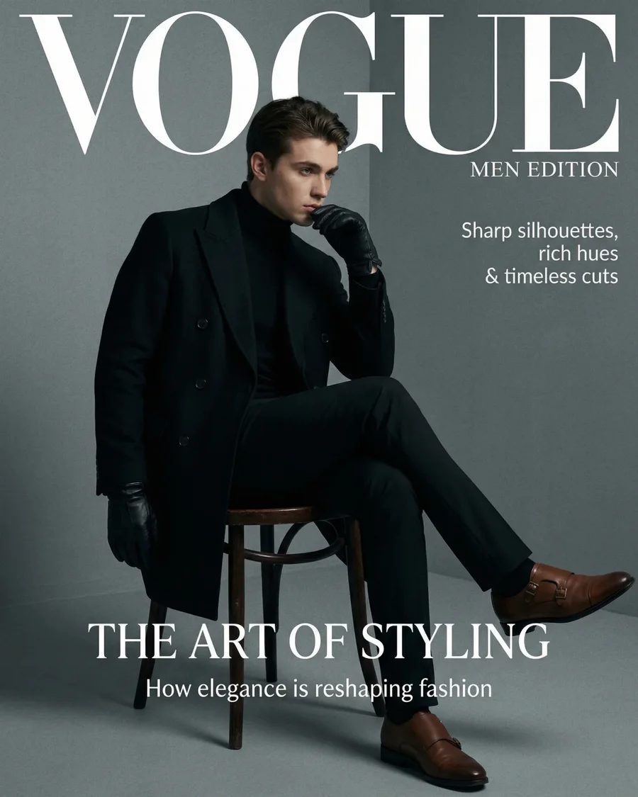 Luxury men's editorial magazine covers showcasing stylish apparel in minimalist… — AI-generated example 2 of 3