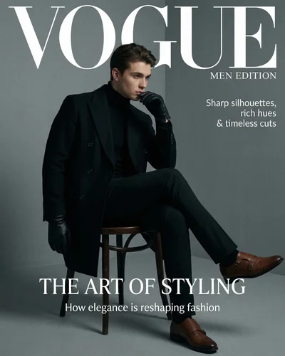 Luxury men's editorial magazine covers showcasing stylish apparel in minimalist studio settings