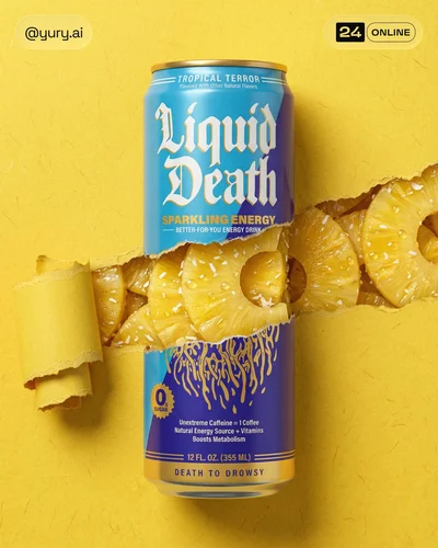 Premium soda can product shot with torn paper reveal and glossy pomegranate textures