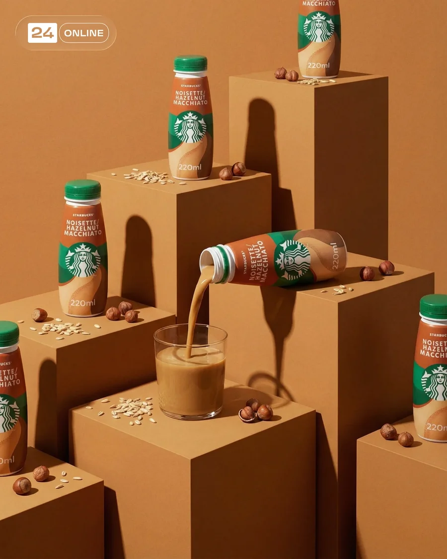 Warm caramel-oat drink product photography with dynamic splashes, geometric… — AI-generated example 3 of 6