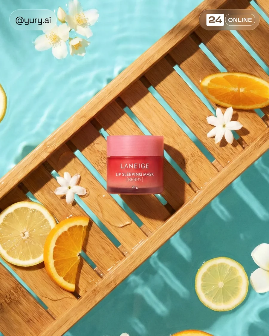 Luxury skincare flat lay on bath tray above pool, fresh spa-like editorial style — AI-generated example 5 of 5