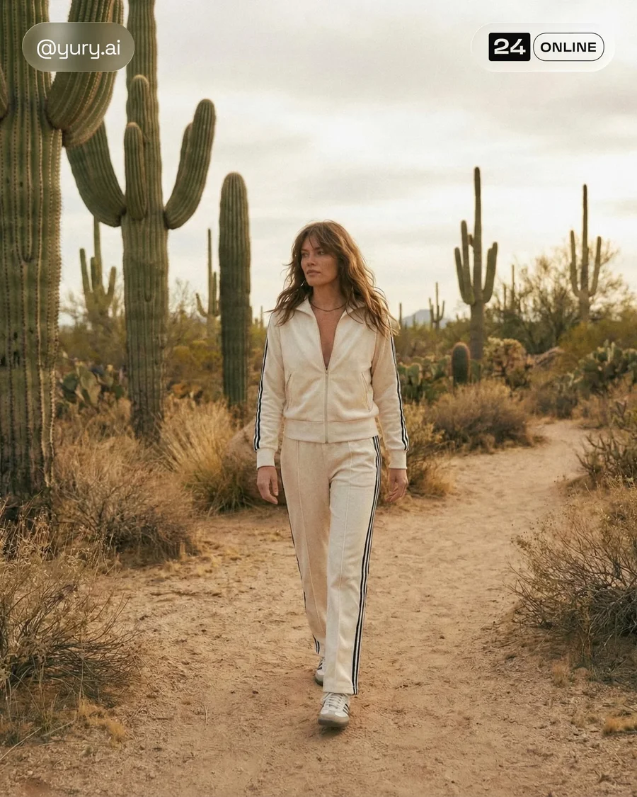 Editorial desert fashion campaign with muted tones, cinematic film aesthetic… — AI-generated example 3 of 3