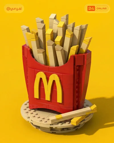 Ultra-realistic LEGO brick recreation of products in clean studio photography style