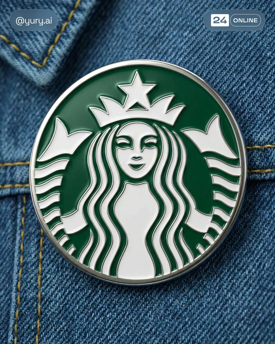 Hyperrealistic enamel pin with glossy metal edges on textured denim macro… — AI-generated example 3 of 4