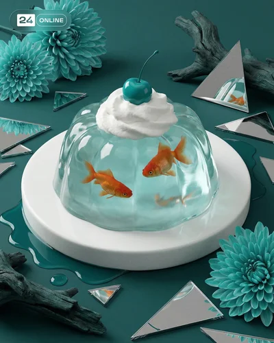Moody surreal commercial still lifes with glossy drips, chrome props, and bold products.