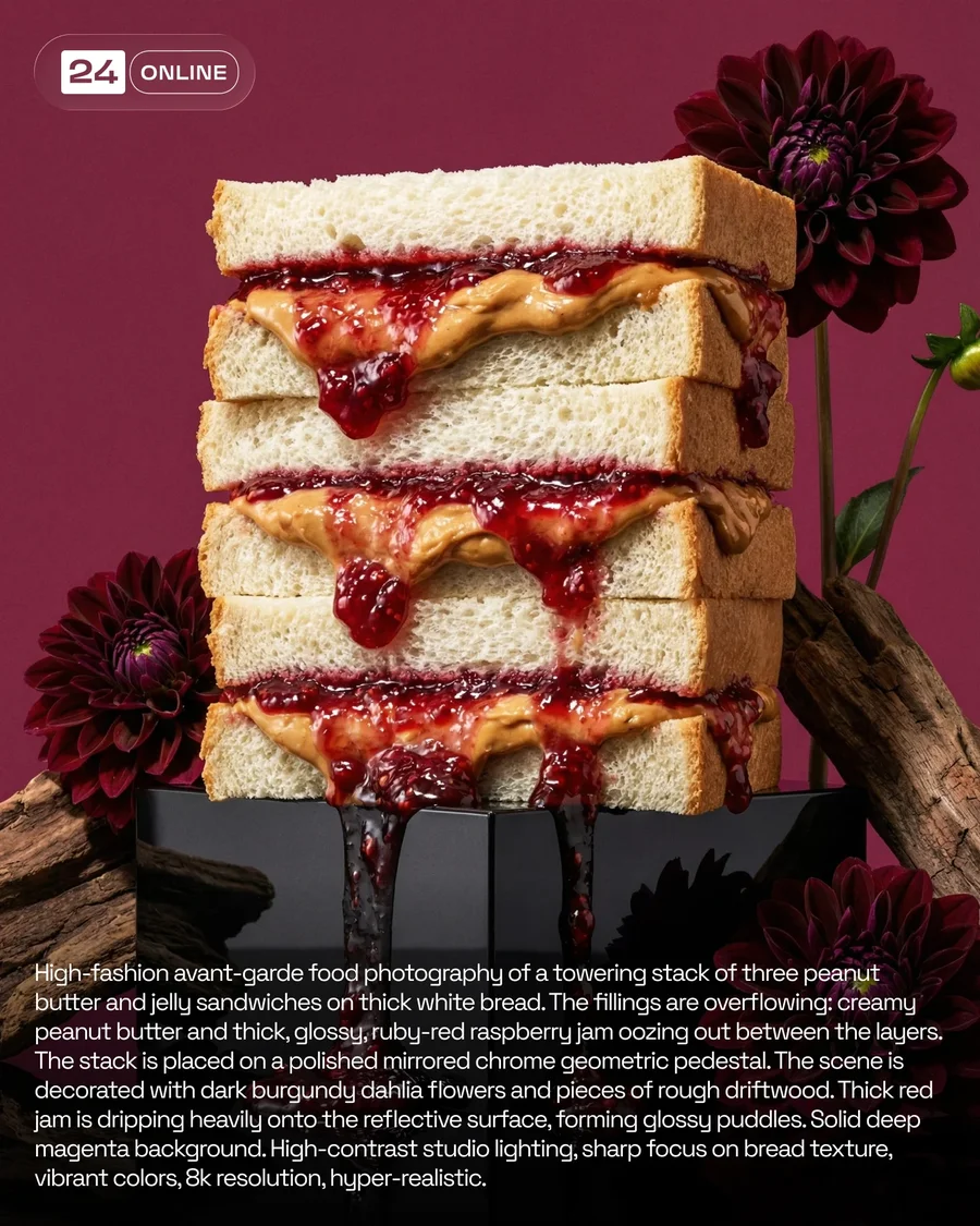 Avant-garde food photography with surreal styling, chrome accents, driftwood… — AI-generated example 2 of 6
