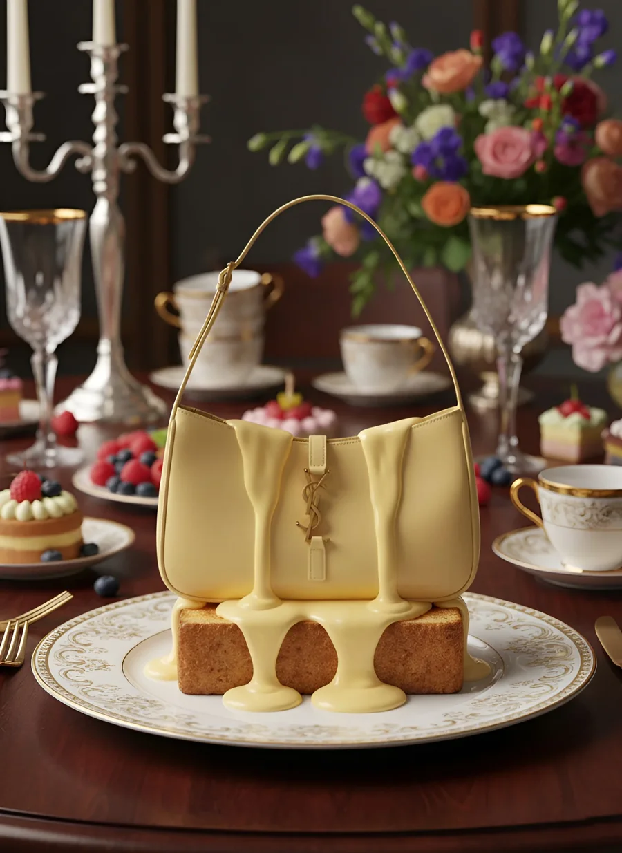 Surreal luxury accessories transformed with food-inspired elements in… — AI-generated example 2 of 4