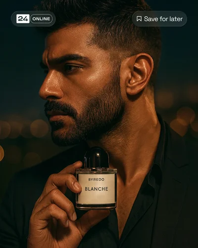 Cinematic luxury fragrance product shots with warm desert tones and moody portrait styling.