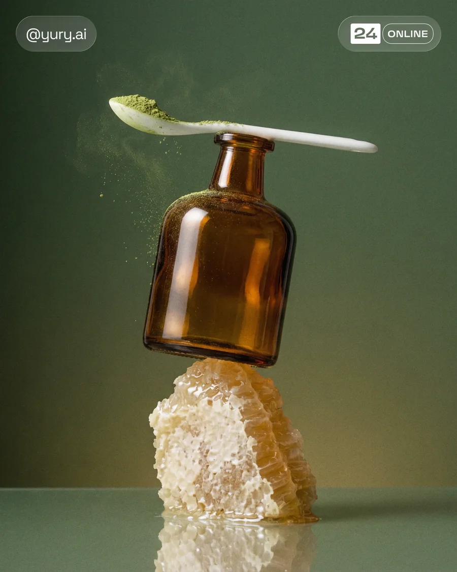 Luxury beauty bottles balanced with gourmet ingredients in surreal minimalist… — AI-generated example 3 of 6