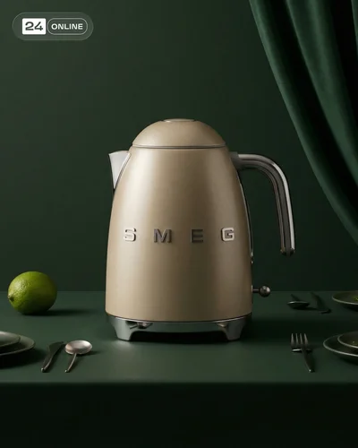Minimalist luxury kitchen photography featuring a beige electric kettle in stylish interior settings.