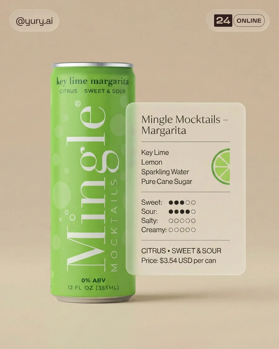 Ultra-minimalist canned mocktail product shot with frosted info card on beige… — AI-generated example 3 of 3