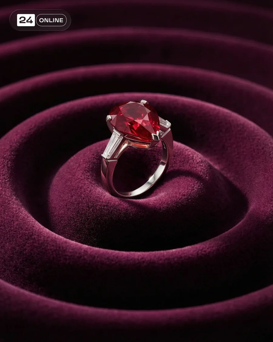 Luxury ruby ring photography with dramatic studio lighting and sculptural… — AI-generated example 3 of 4