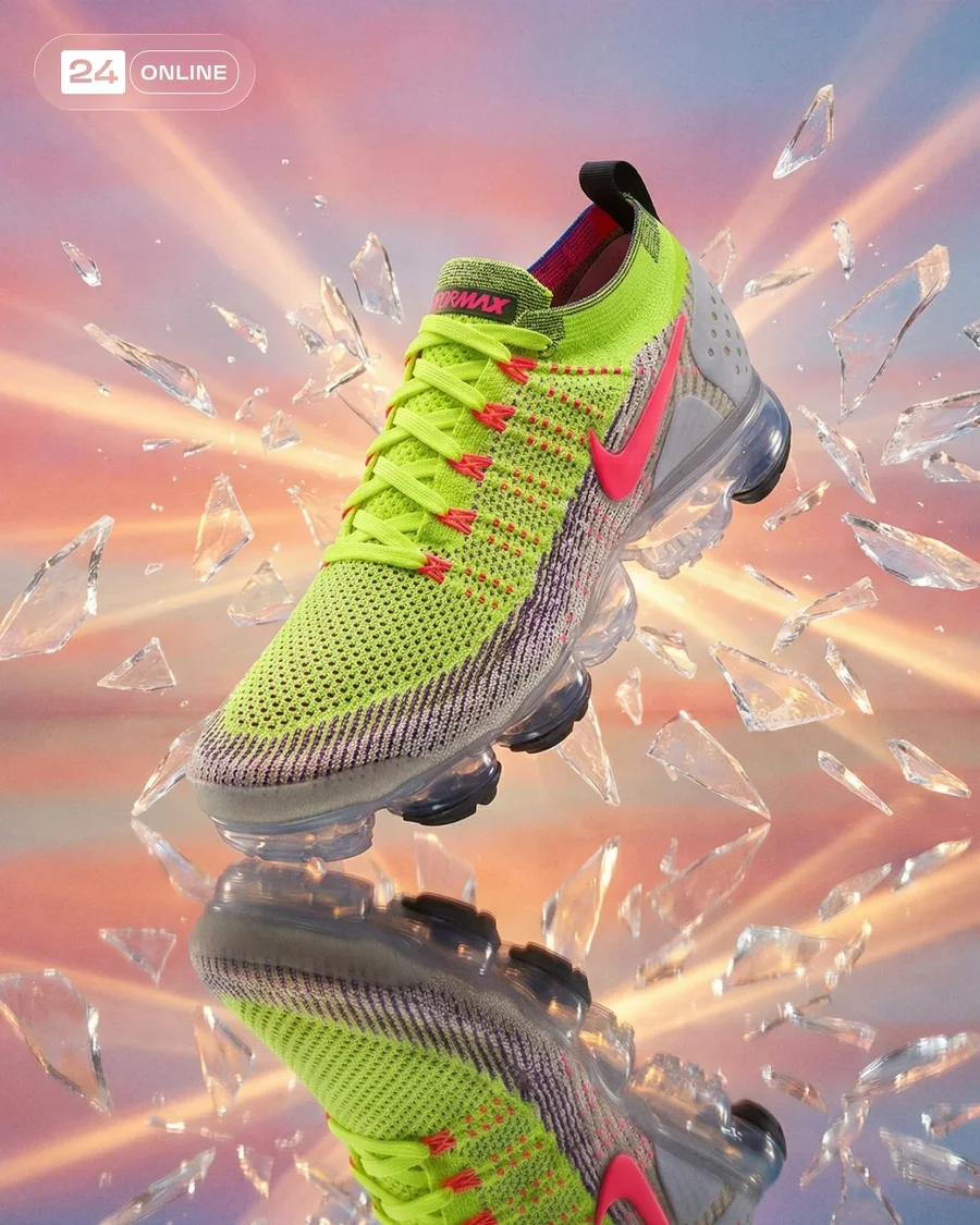 Dynamic futuristic sneaker product shots with explosive shards and urban night… — AI-generated example 1 of 2