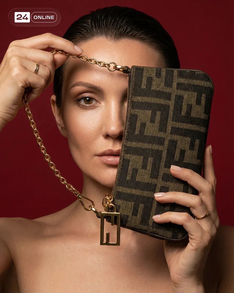 Luxury editorial shots of a brown monogram mini shoulder bag with gold chain. — AI-generated example 4 of 5