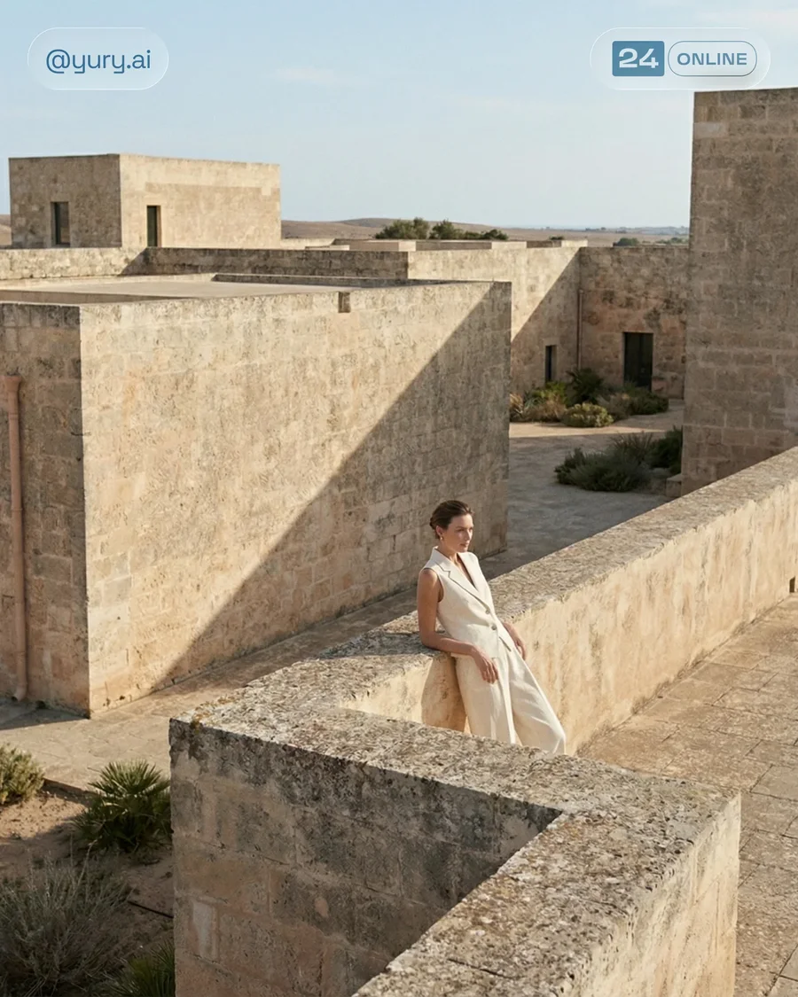 Luxury editorial womenswear in ivory linen tailoring against ancient stone… — AI-generated example 3 of 5