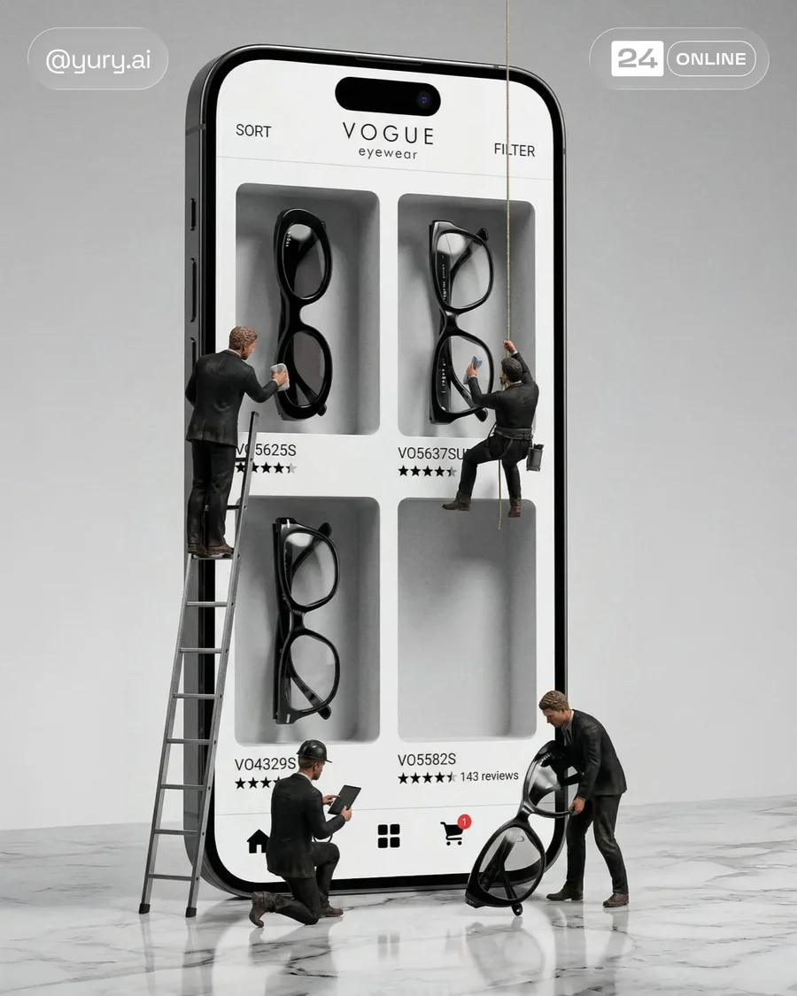Hyper-realistic giant smartphone storefront with miniature workers arranging… — AI-generated example 2 of 4