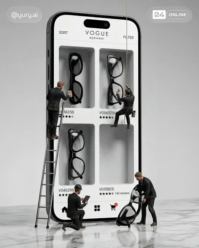 Hyper-realistic giant smartphone storefront with miniature workers arranging products in recessed app niches
