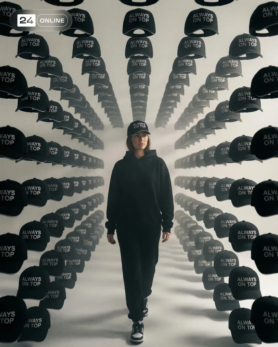 Luxury editorial scarlet baseball cap and matching hoodie in clean high-fashion… — AI-generated example 2 of 6