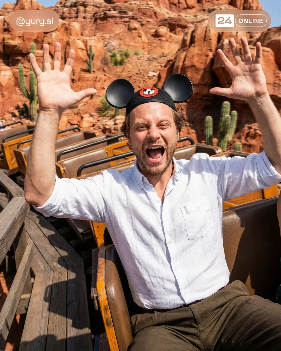 Travel lifestyle portraits featuring casual menswear in a vibrant theme park… — AI-generated example 3 of 5