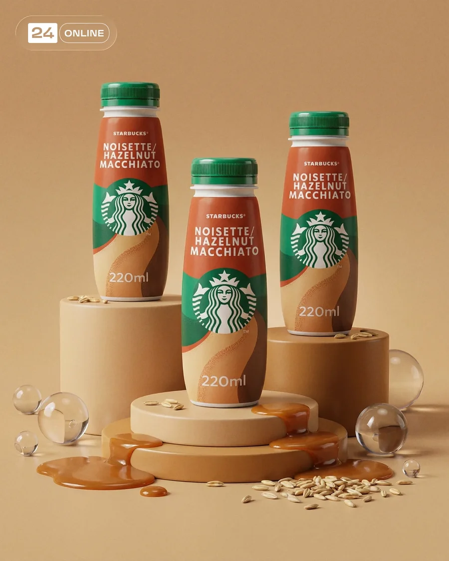 Warm caramel-oat drink product photography with dynamic splashes, geometric… — AI-generated example 4 of 6