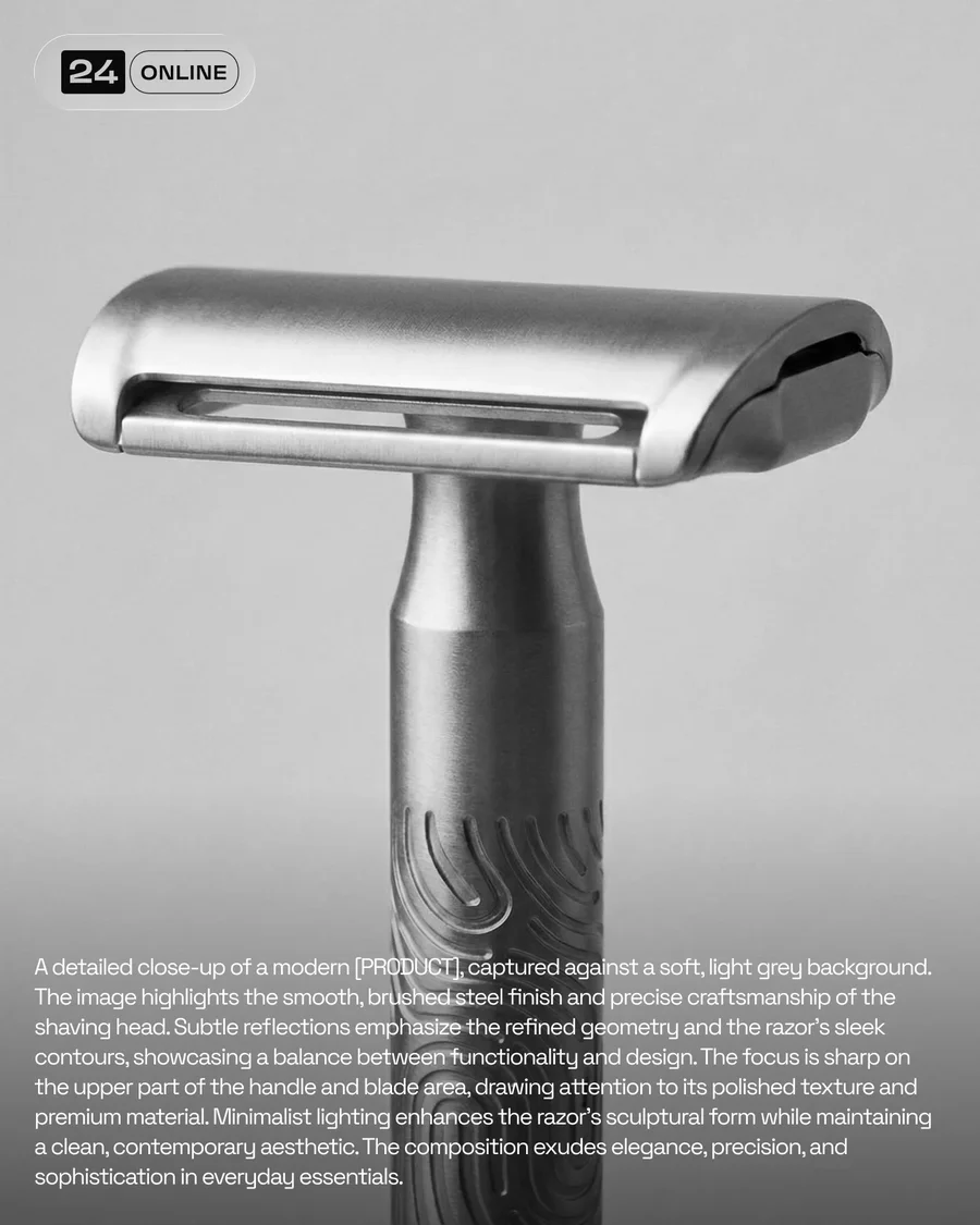 Minimalist studio shaving razor photography with refined metallic details and… — AI-generated example 4 of 6