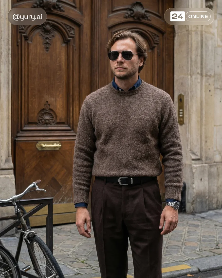 Editorial menswear street style featuring textured wool knitwear and tailored… — AI-generated example 5 of 5