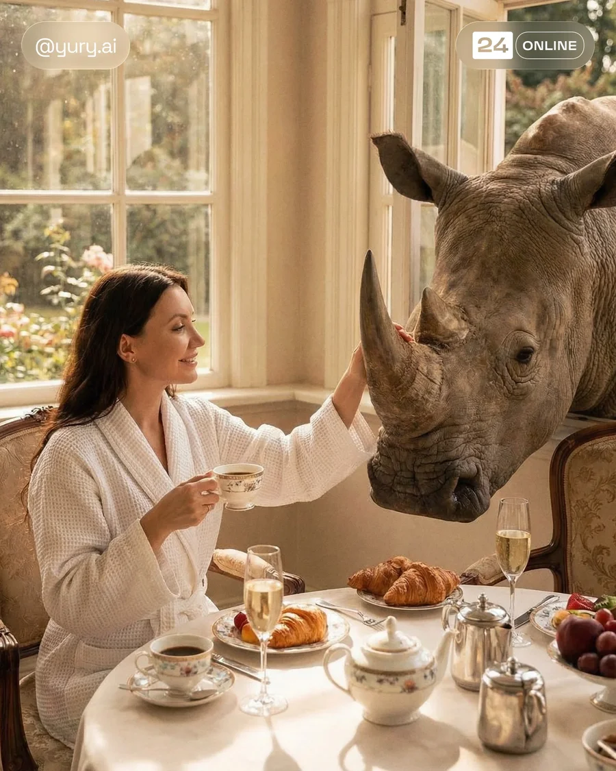 Surreal luxury lifestyle portrait featuring a man in a white robe at breakfast. — AI-generated example 3 of 4