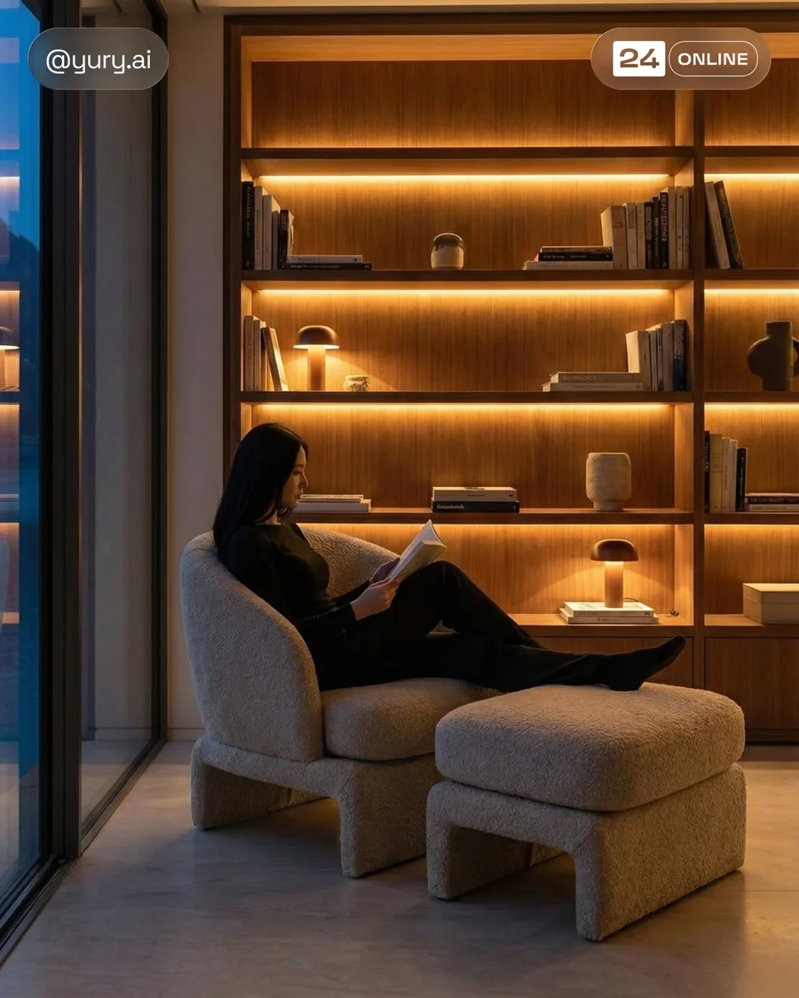 Editorial luxury lounge chair scenes in refined modern interiors with warm… — AI-generated example 3 of 4
