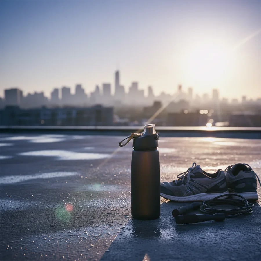 Cinematic matte-black shaker bottle in gritty gym, studio, and lifestyle… — AI-generated example 3 of 5