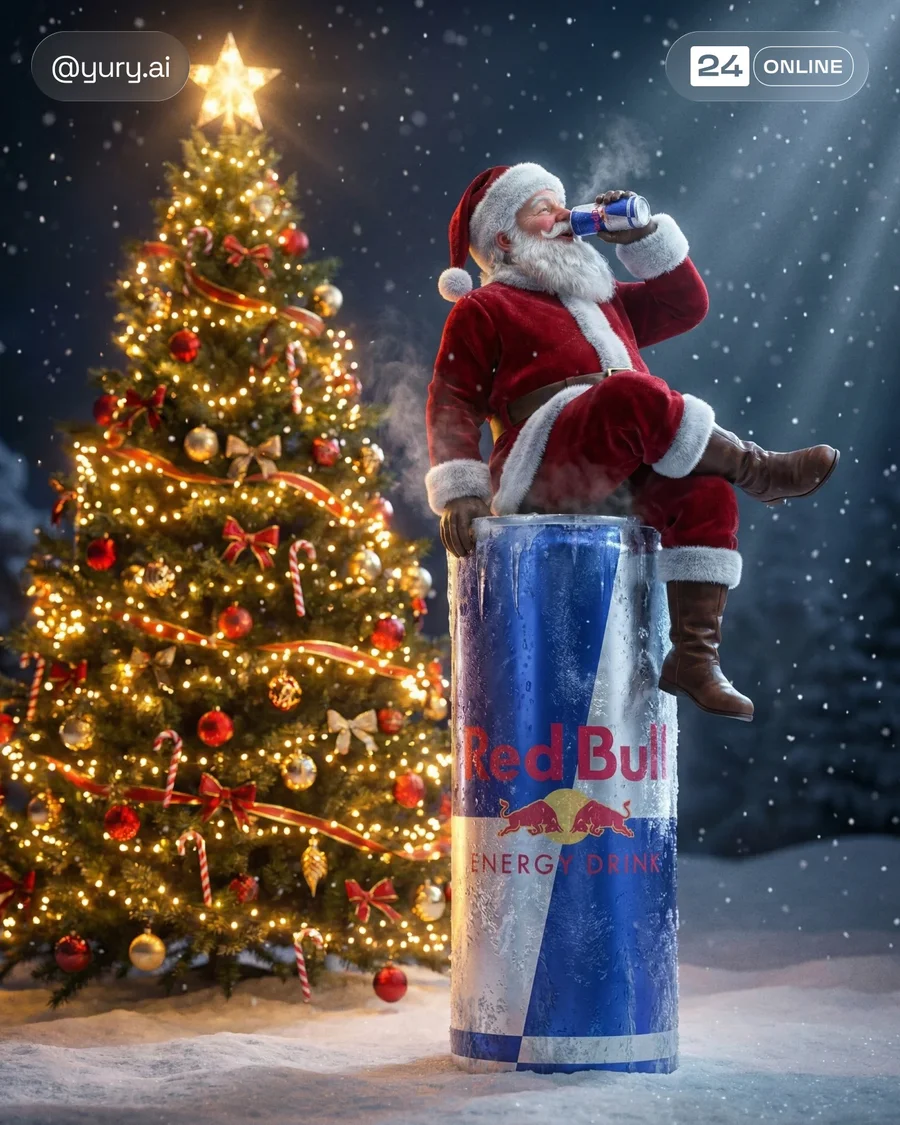 Cinematic holiday beverage can ad with Santa, Christmas tree, snow, and glossy… — AI-generated example 2 of 3