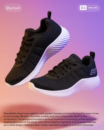 Dynamic studio sneaker photography with floating poses, gradients, neon accents, and performance-focused energy.