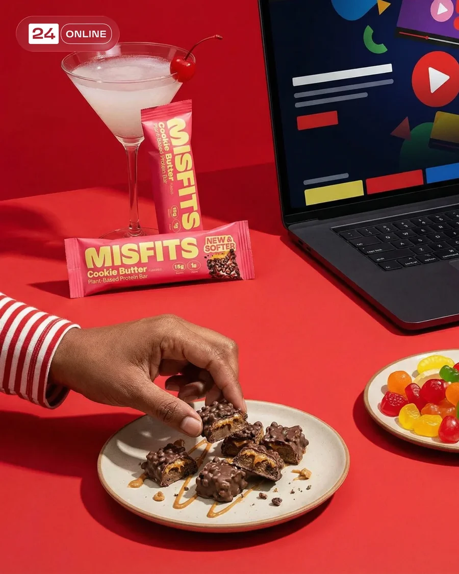 Premium protein bar product photography with bold studio backdrops and… — AI-generated example 2 of 3