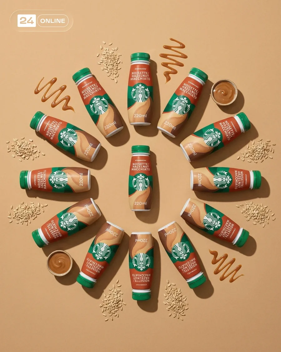 Warm caramel-oat drink product photography with dynamic splashes, geometric… — AI-generated example 2 of 6